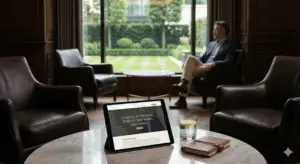 a tablet sits on a table with a notepad and water glass, it displays a blog post from a clinic and a man sits in the distance staring out the window.